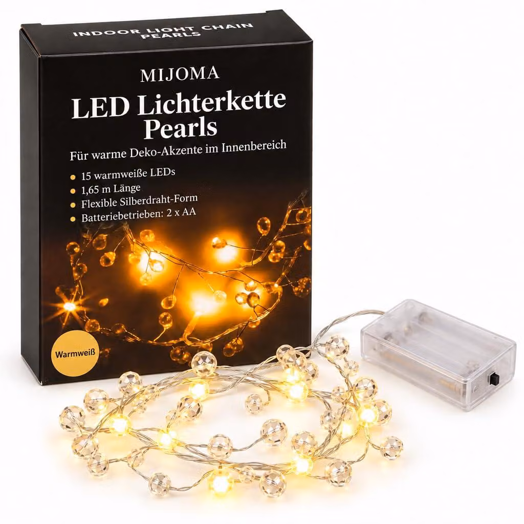 Catena luminosa a LED con 15 luci bianche calde, lunghezza 1,65 metri, alimentata a batteria