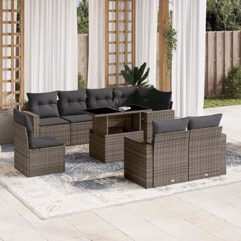 vidaXL Set Divano da Giardino a L in Polyrattan Grigio con 9 Pezzi e Cuscini
