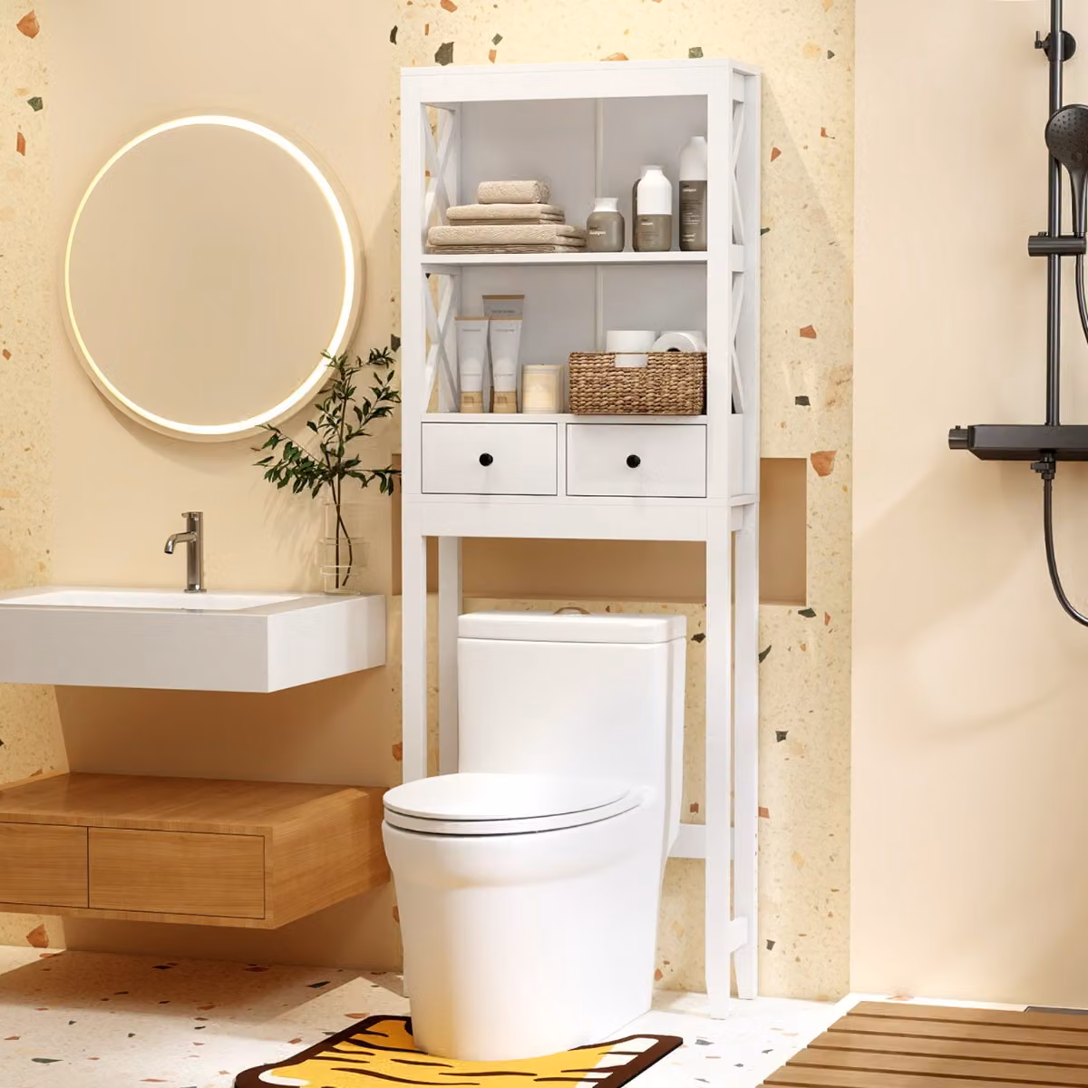 Organizzatore da bagno indipendente Costway con ripiani aperti e ante, Altezza: 165 cm, Bianco