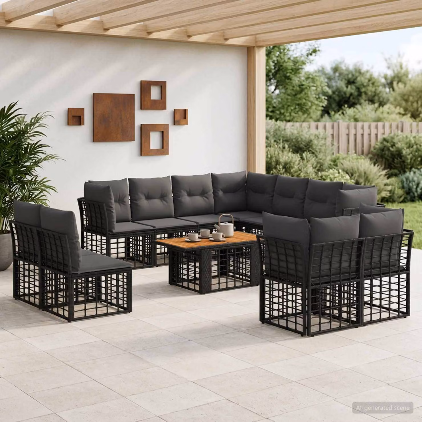 Set Divano da Giardino vidaXL 12 pz in Polyrattan con Cuscini e Tavolino, L-Shape, Nero e Grigio