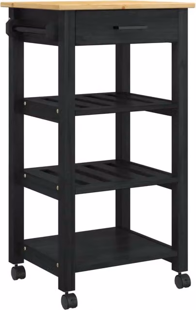 Carrello da cucina moderno MONZA nero con ripiani in legno di pino e ruote L/P/H: 48 x 40 x 88,5 cm