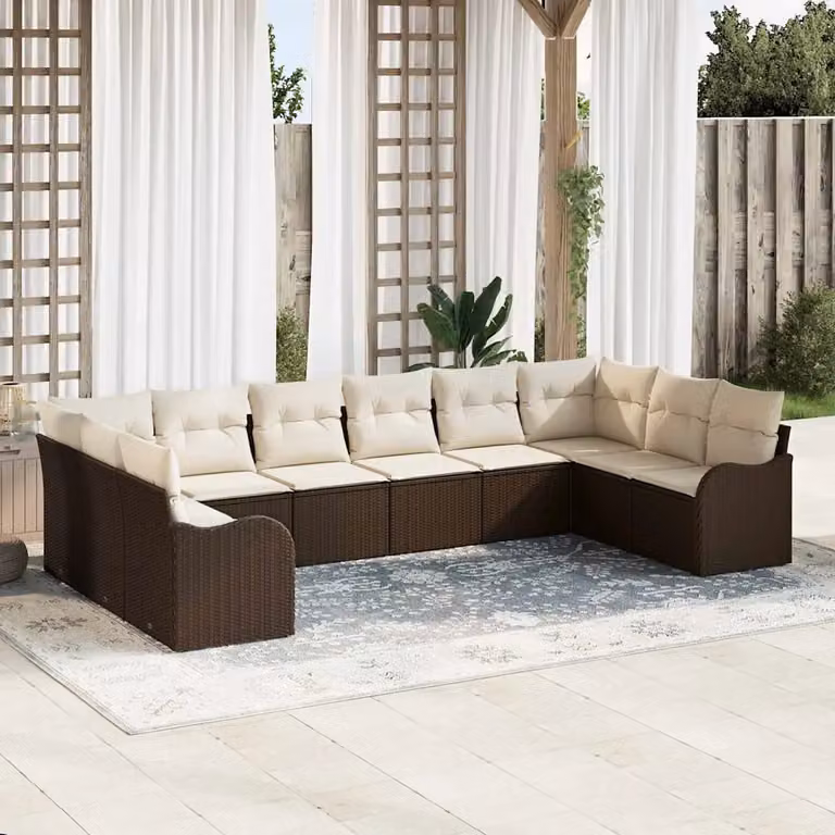 Set Divano da Giardino vidaXL 10 Pezzi in Polyrattan Marrone e Bianco con Cuscini e Struttura in Acciaio Verniciato a Polvere