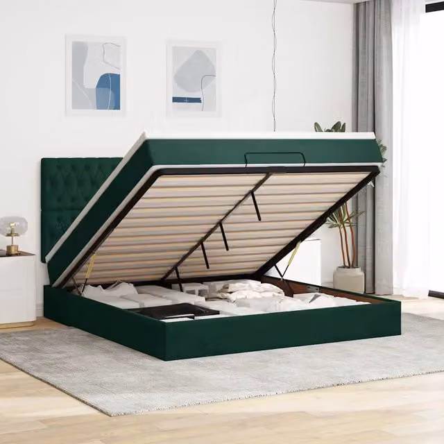 Letto con contenitore a sollevamento vidaXL in velluto verde e bianco con illuminazione sottostante e porta USB, L/P/H: 180 x 203 x 128 cm – 1