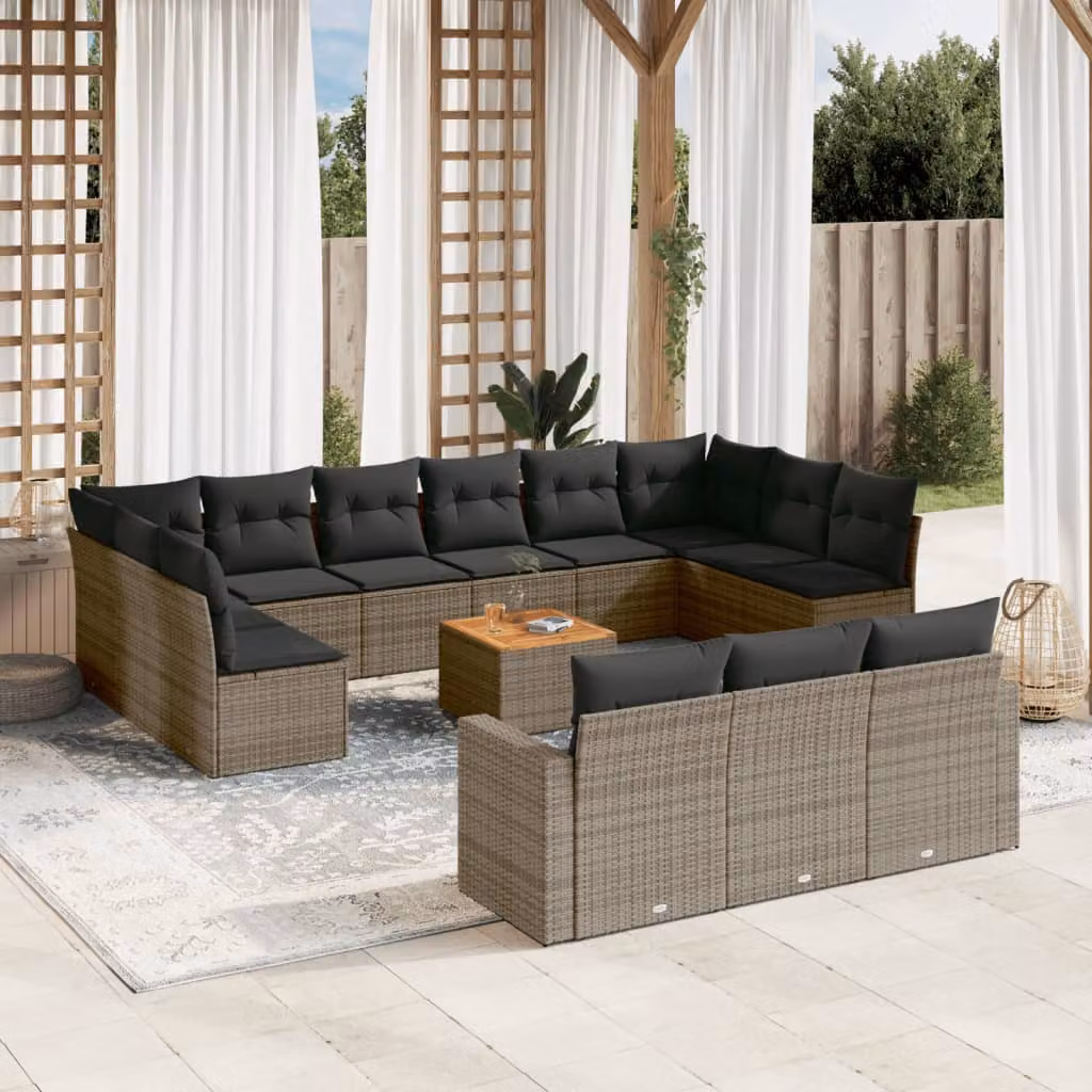 vidaXL Set Divani da Giardino a Forma di L in Polyrattan Grigio con Cuscini e Tavolino da Esterno – 1