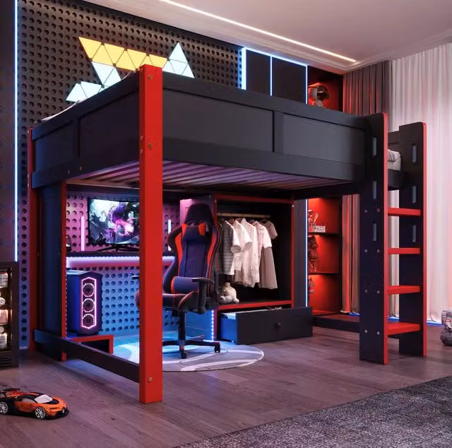 Letto a soppalco ULEVR 140x200 cm con scrivania gaming, armadio, cassetti, LED RGB e scala, nero e rosso