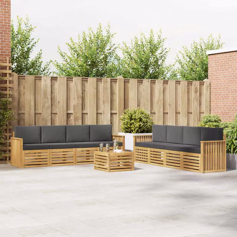vidaXL Set di divani da esterno a L con tavolino da giardino in legno di acacia, 9 pezzi, Bianco, Antracite e Marrone