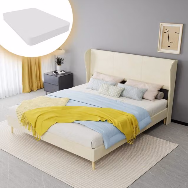 Letto imbottito 160x200 cm beige in tessuto e metallo, con testiera