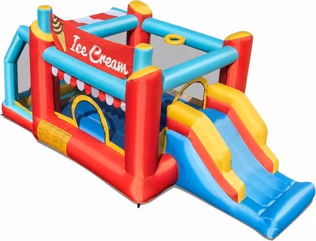 Castello Gonfiabile 5 in 1 Costway con Tema Gelato e Multicolore, Gioco con Scivolo, Trampolino, Canestro, Vasca per Palline e Torre di Gioco per Interno ed Esterno