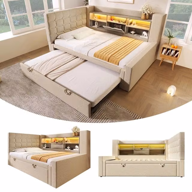 Letto Imbottito Singolo con Letto Estraibile, LED e Testiera Contenitore ¨C MINIMAL ¨C Lino Beige 90x200