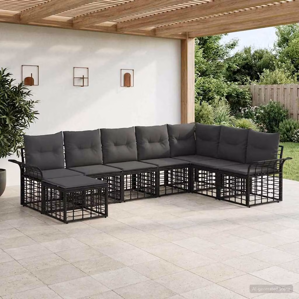 vidaXL Set di divani da esterno a forma di U composto da 8 pezzi con cuscini, struttura in acciaio verniciato a polvere e tessuto antracite, nero e grigio