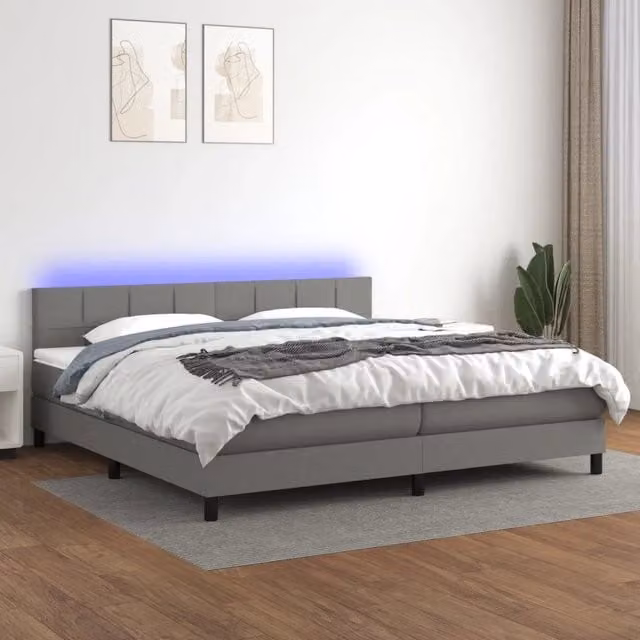 Letto matrimoniale con materasso a molle vidaXL in tessuto grigio e bianco con illuminazione LED sottostante e porta USB L/P: 200 x 200 cm, H: 203 cm – 1