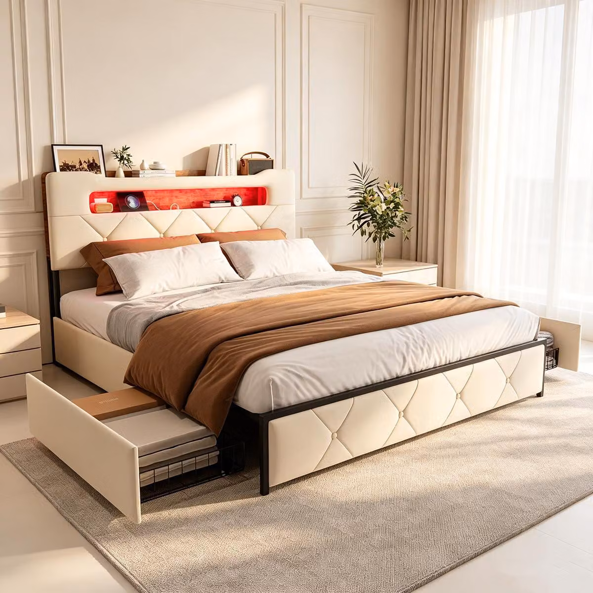 Letto imbottito 140 x 190 cm con LED e USB, dotato di 4 cassetti, letto imbottito con ampio spazio contenitivo, struttura del letto, letto per ragazzi, color beige
