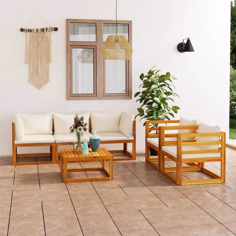The Living Store Set da giardino da 6 pezzi con cuscini in legno massiccio di acacia color crema