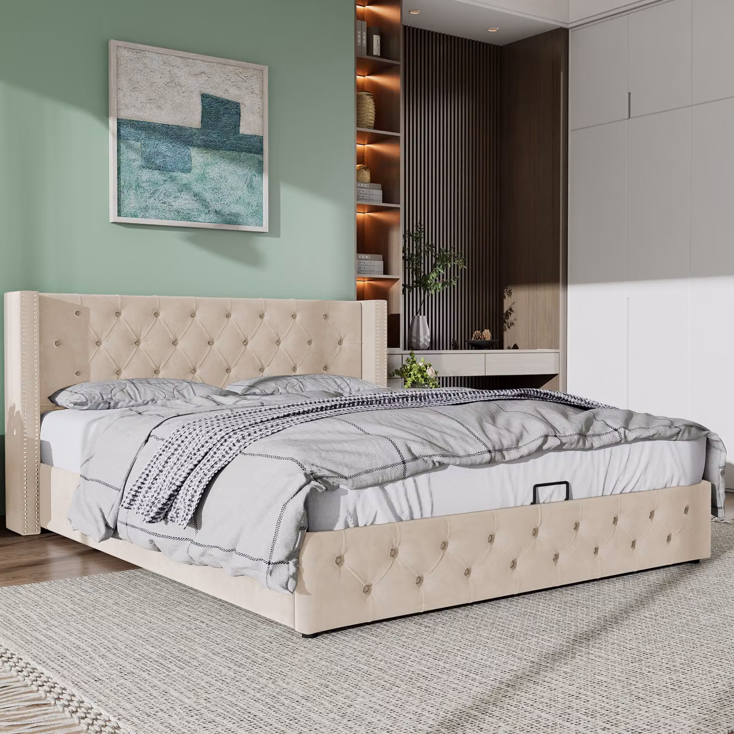Letto imbottito Sweiko a forma di orecchio doppia fila di rivetti in flanella, cuciture a bottoni testa e piedi, letto matrimoniale 160*200 Letto funzionale idraulico La parte inferiore del letto è rivestita di tessuto non tessuto nero repellente allo spo