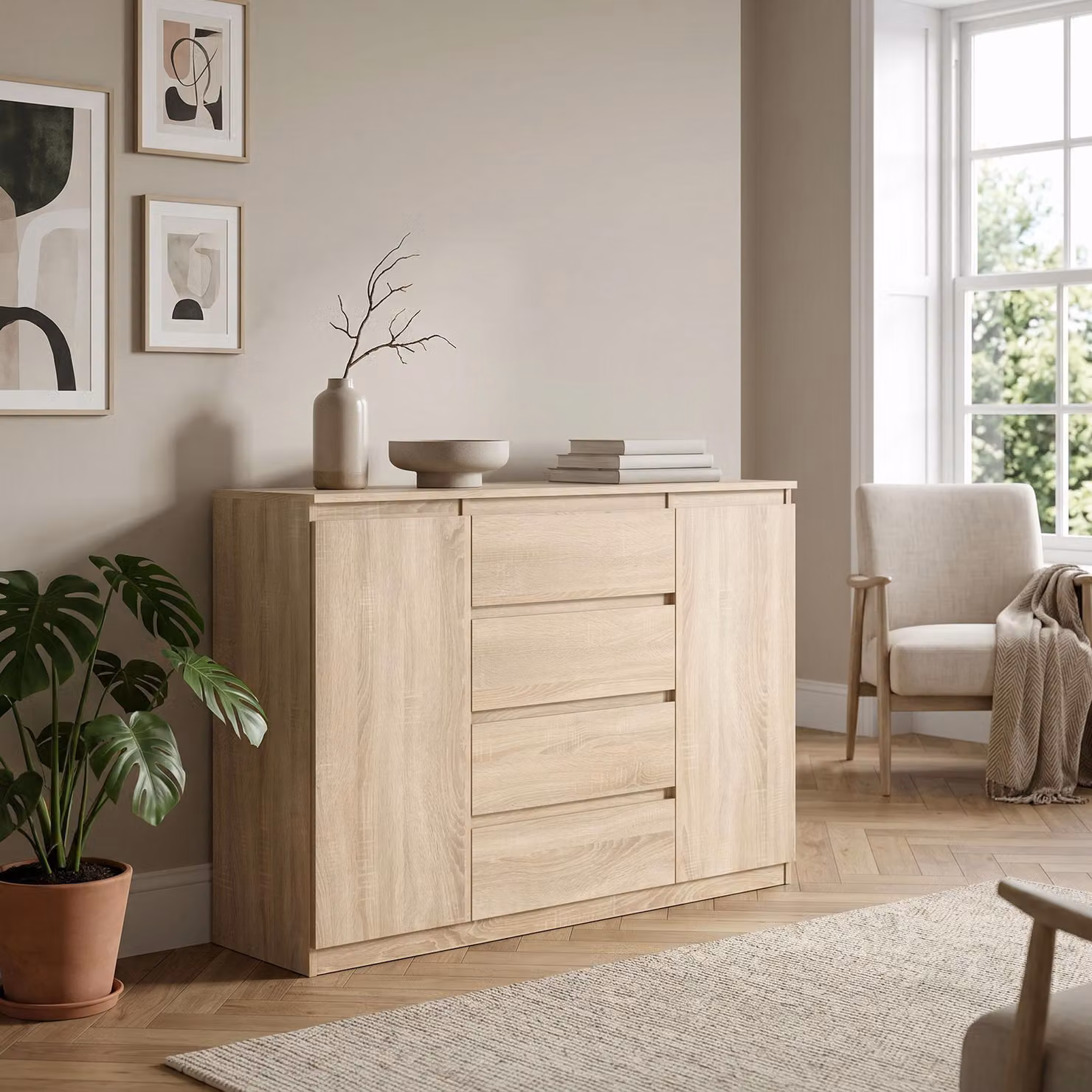 Comodà Masseno NUDO da 138,5 cm con 4 cassetti e 2 ante per soggiorno e camera da letto, stile moderno, 138,5x39x101,5 cm, rovere Sonoma / rovere Sonoma