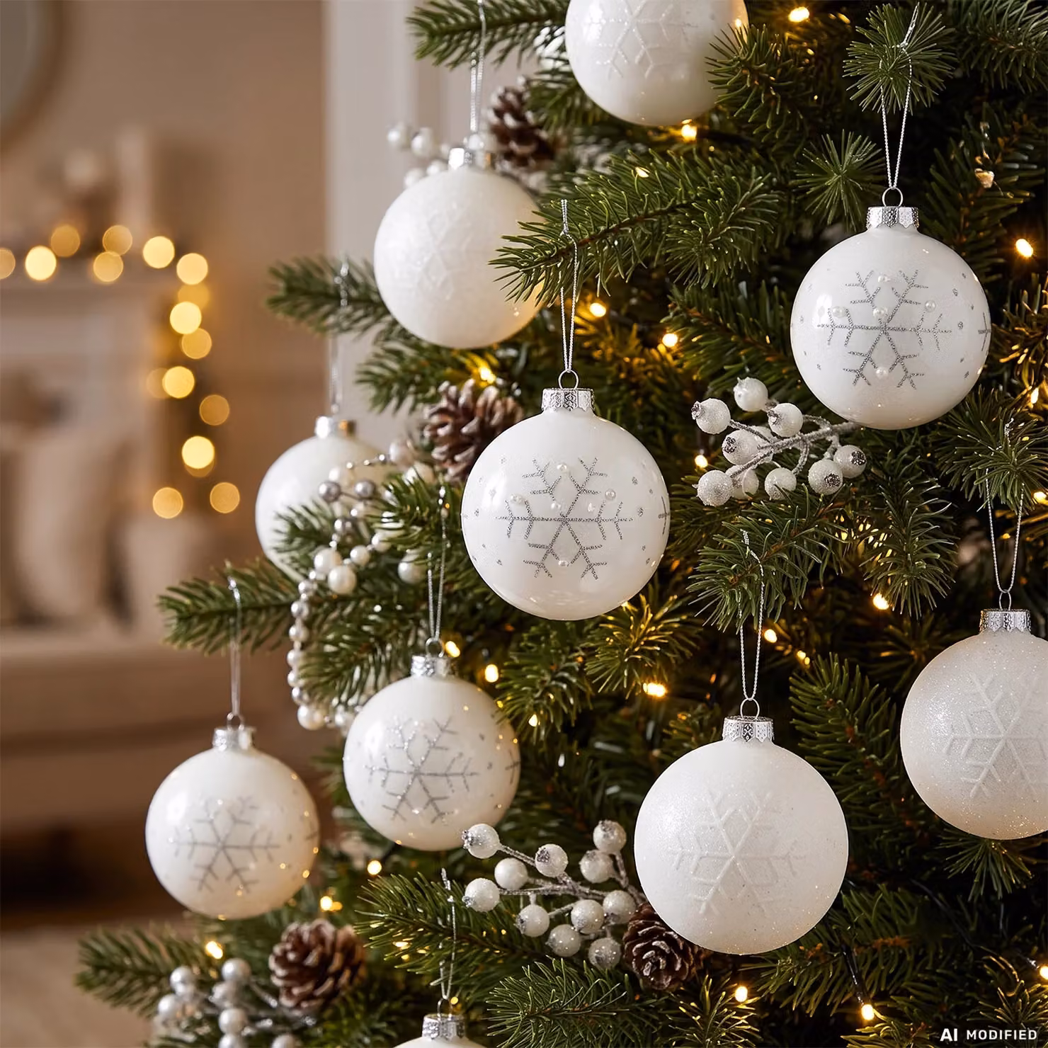 Vestiamo Casa Gran Natale - Set di 6 palline di Natale bianche con fiocco e decorazioni a fiocchi di neve, diametro: 8 cm – 2