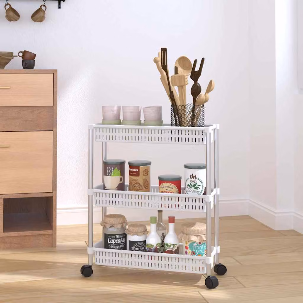 vidaXL Carrello Portaoggetti a 3 Livelli Argento e Bianco con Ruote in Metallo e Plastica