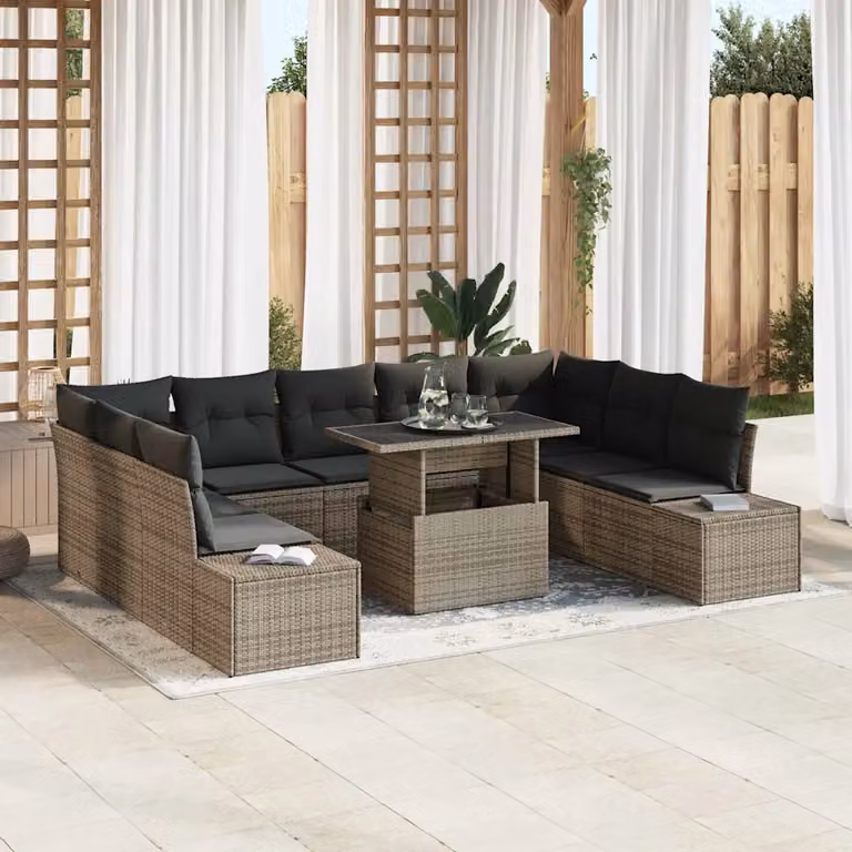 Set Divano da Giardino vidaXL 10 Pezzi in Polyrattan Grigio con Tavolino e Cuscini