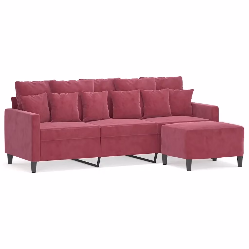 vidaXL Divano a 3 Posti con Poggiapiedi in Velluto Rosso L: 198 cm x P: 80 cm x H: 77 cm – 2