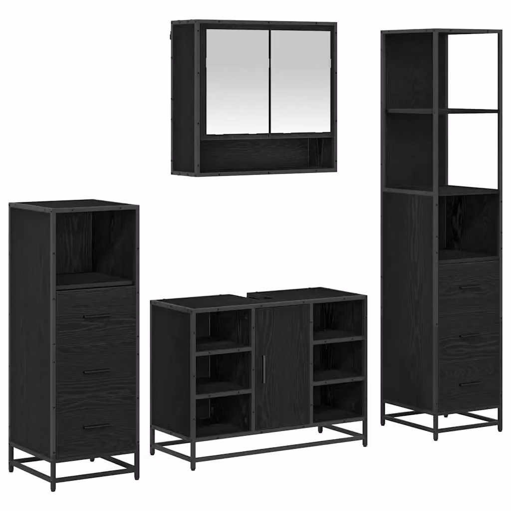 Set di mobili per il bagno moderno vidaXL 4 pezzi in legno e metallo nero opaco con armadietto a specchio, mobile lavabo, mobile laterale e colonna alta L/P/H: 80 x 33 x 166 cm – 2