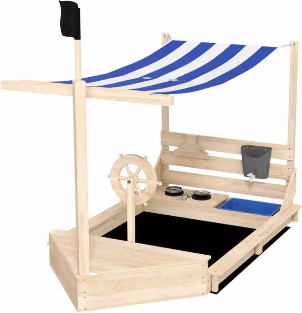 Sabbiera barca pirata giardino 180 x 103 x 144.5 cm contenitore portaoggetti tenda parasole grande scandinavo in legno naturale 21_0000351