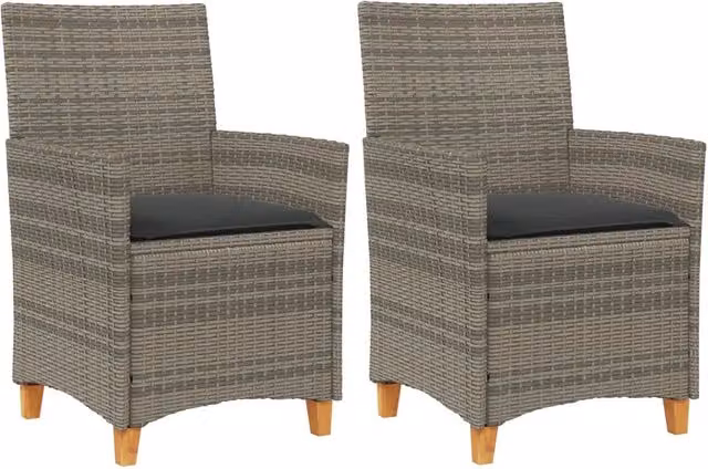 Set di 2 sedie da giardino moderne in polyrattan grigio con cuscini e braccioli in legno di acacia oliato – 1