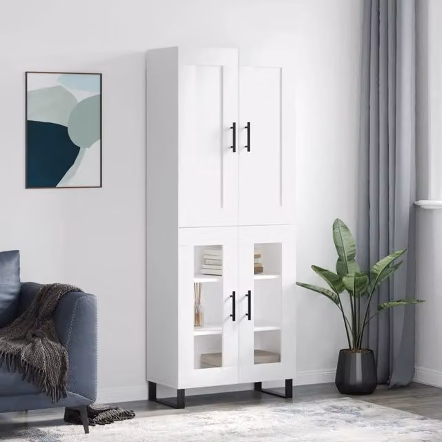 Credenza moderna bianca da parete vidaXL in legno, metallo e vetro L: 69,5 cm, P: 34 cm, H: 180 cm – 1