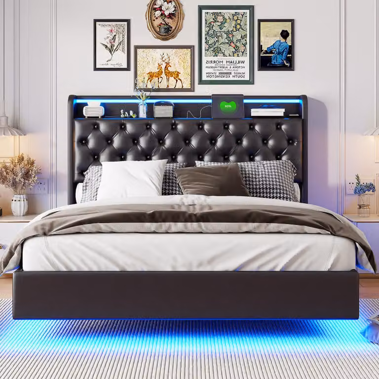 letto 140x200 cm con contenitore, rete a doghe, illuminazione LED e connessione USB, letto matrimoniale, Finto cuoio, nero