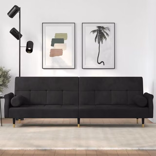 Divano Letto con Cuscini-Sofa Letto-Daybed Nero in Velluto