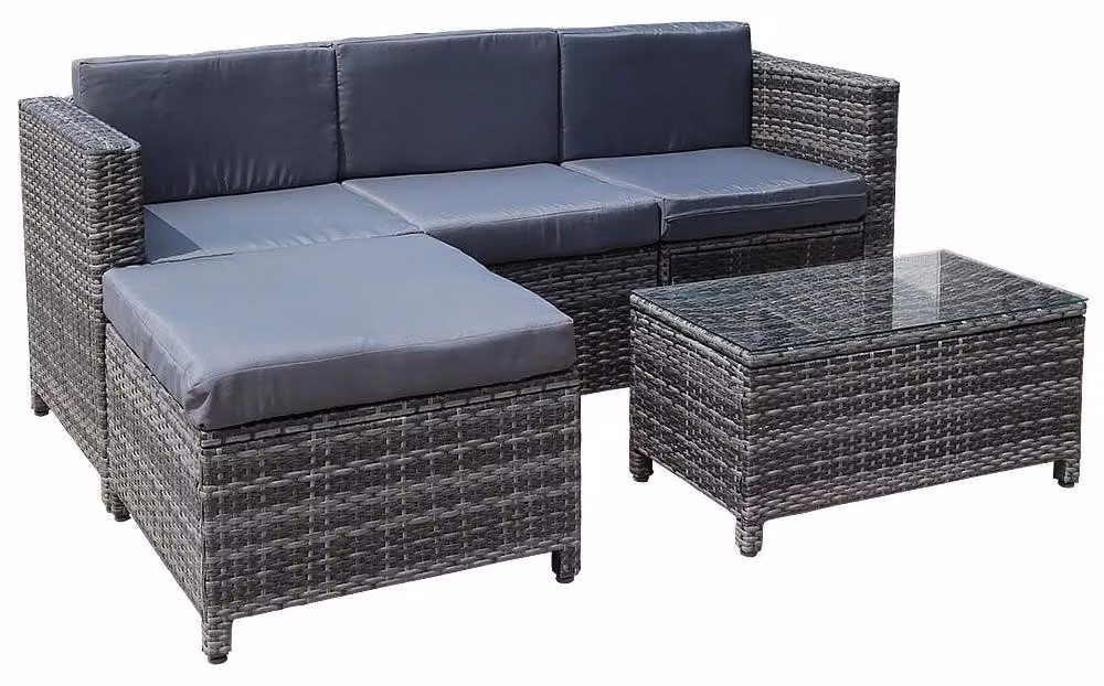 Set divano da giardino in polyrattan, sgabello, tavolo, salottino, grigio, mobili in rattan, lettino
