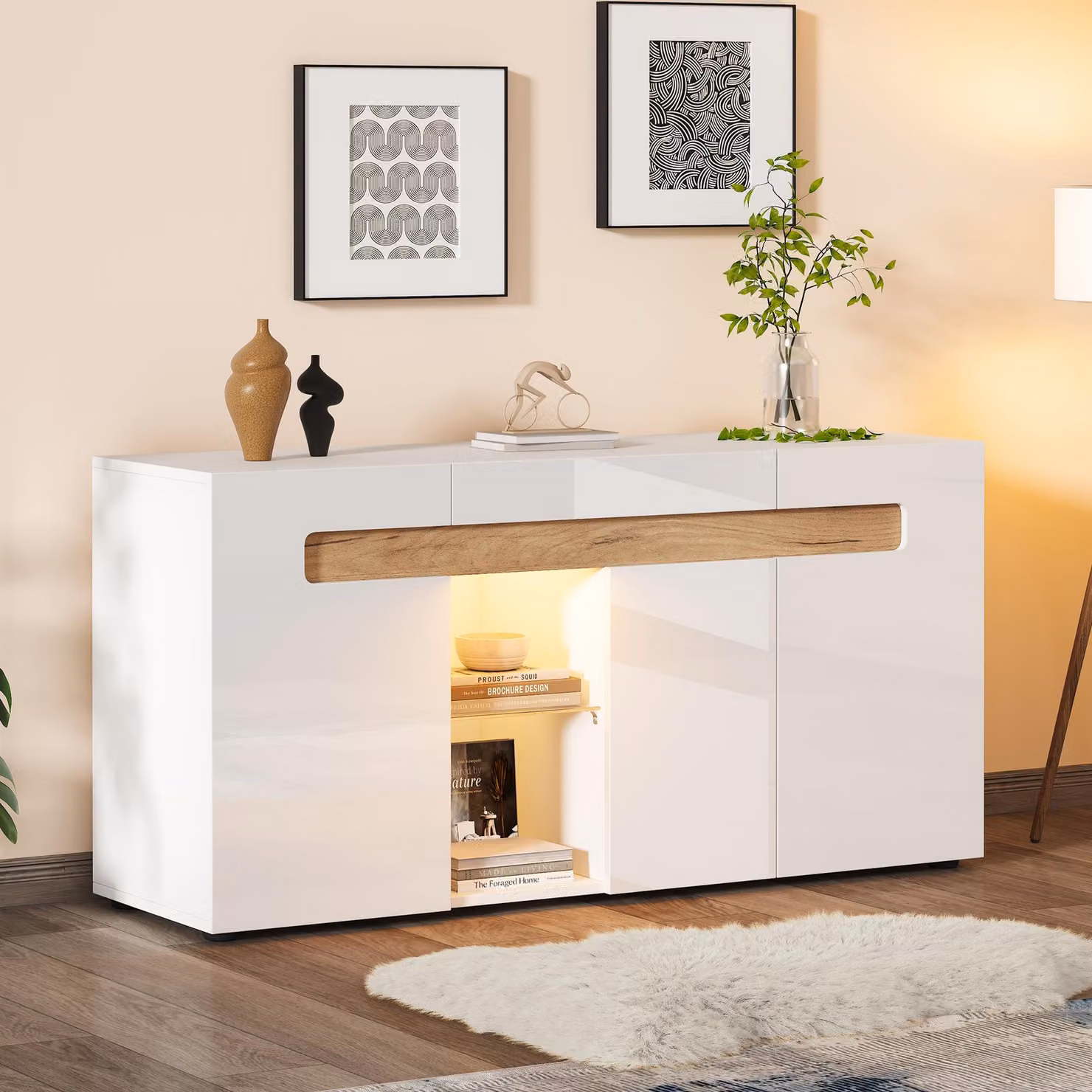 Credenza moderna a LED 140×40×70 cm, 3 ante, bianco lucido con ripiano in vetro