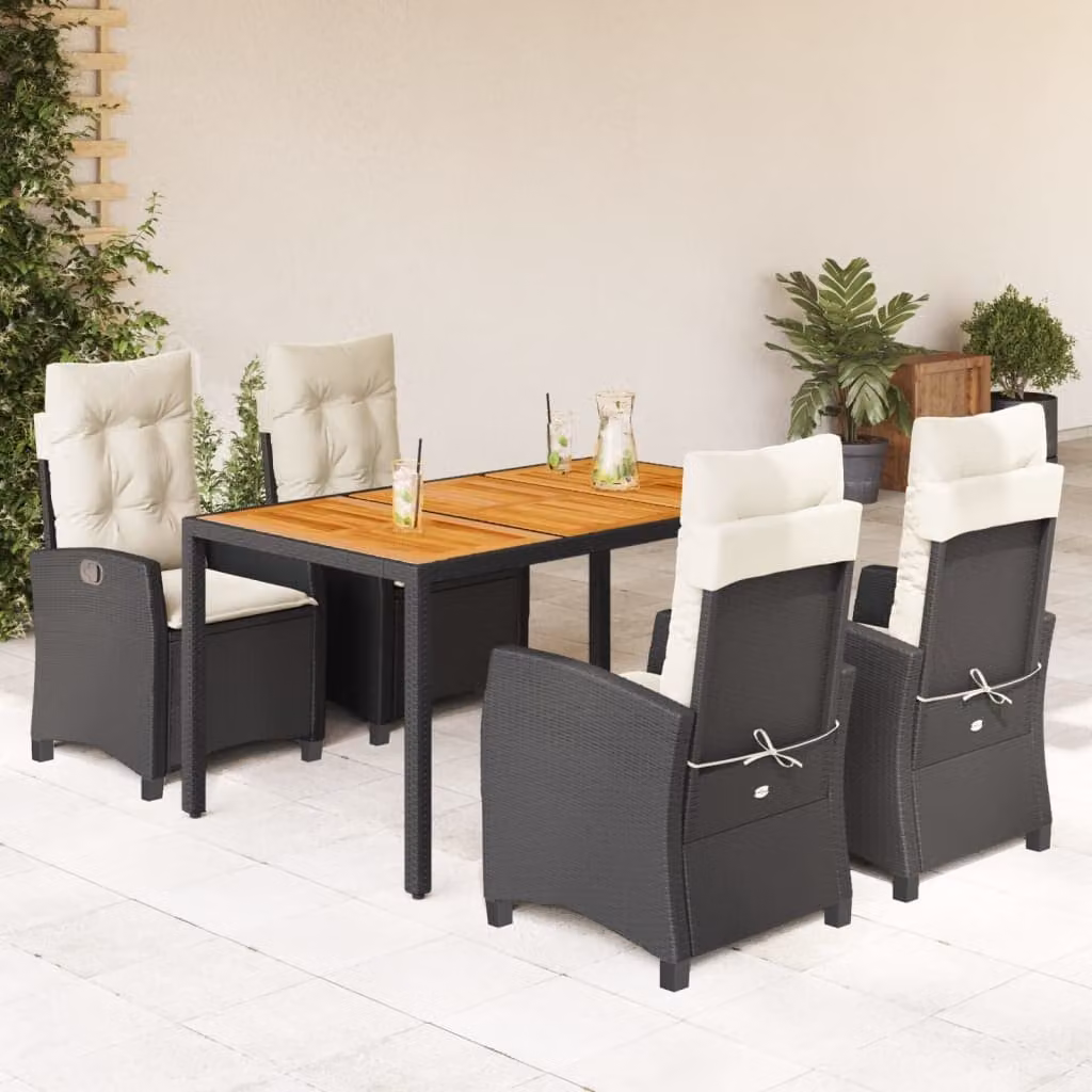 Set da pranzo da giardino vidaXL in legno di acacia oliato e polyrattan con 5 pezzi, nero e bianco – 1