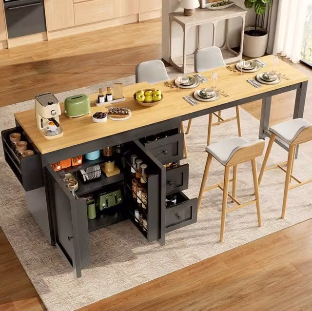 Isola da cucina ULEVR estensibile 116-179,5 cm con 3 cassetti, armadietto e ruote, nera