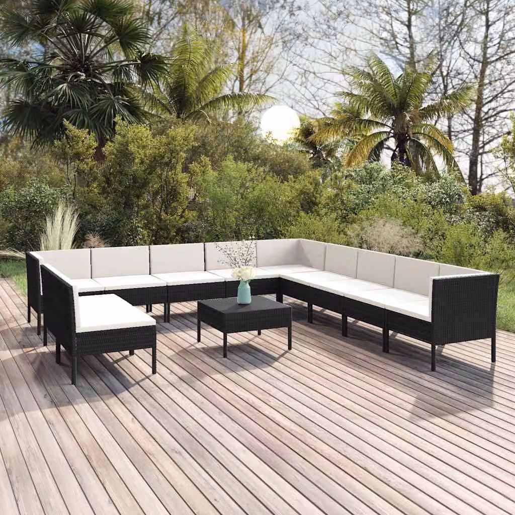 Set di divani da giardino vidaXL a forma di U con cuscini e tavolino da caffè, struttura in metallo e rattan, nero e bianco