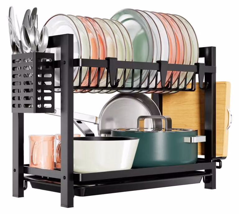 Scaffaleggio essiccatore nero a 2 livelli con vaschetta di raccolta, portaoggetti per stoviglie e tagliere, ideale per il piano di lavoro della cucina