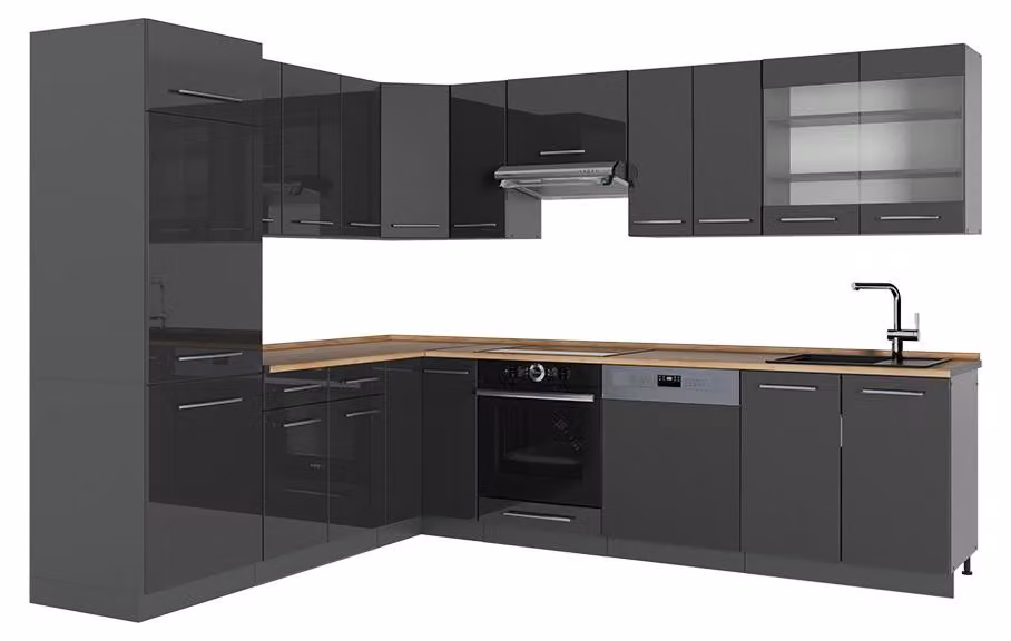 Cucina angolare completa Vicco Fame-Line Antracite lucido/Antracite 287 x 227 cm, PL Rovere, Model 56976