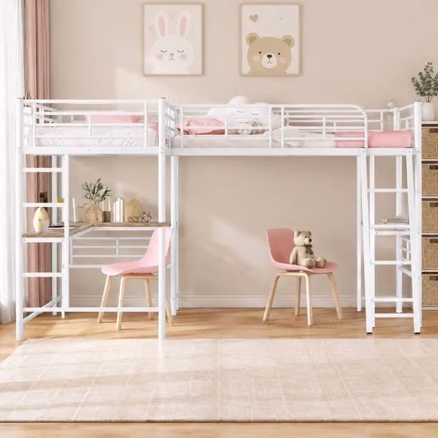 Letto a soppalco ULEVR 90x200 cm con scrivania sottostante, scala e sponde alte, metallo e MDF bianco