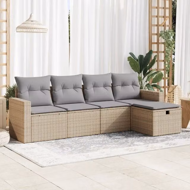 Set Divano da Giardino a L vidaXL in Polyrattan con 5 Pezzi e Cuscini Beige e Grigio