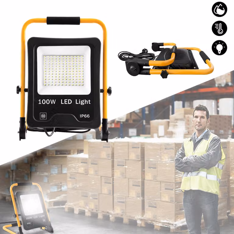 VA-Cerulean, faretto da cantiere a LED, 100W, 6500K (bianco freddo), grado di protezione IP66, cavo da 3 metri, base di supporto e maniglia per il trasporto, adatto per interni ed esterni