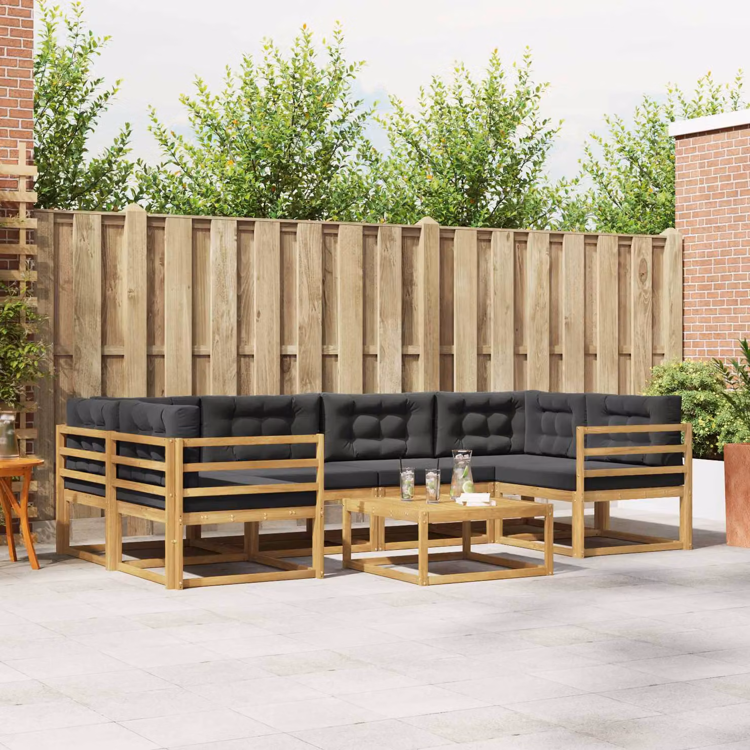 vidaXL Set di divani da esterno a L in legno di acacia con tavolo da caffè, 5 pezzi, Bianco, Antracite e Marrone