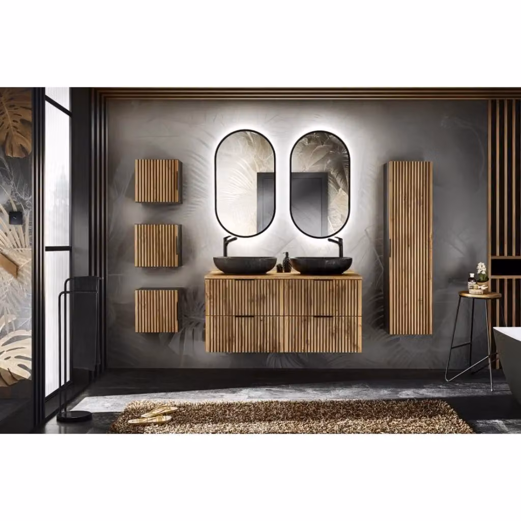 Set KINOKO Meublorama per bagno con mobili sottolavabo, 2 lavabi neri rotondi da appoggio, 2 specchi con illuminazione LED e mobili contenitori, Colore Grigio Antracite e Rovere – 2
