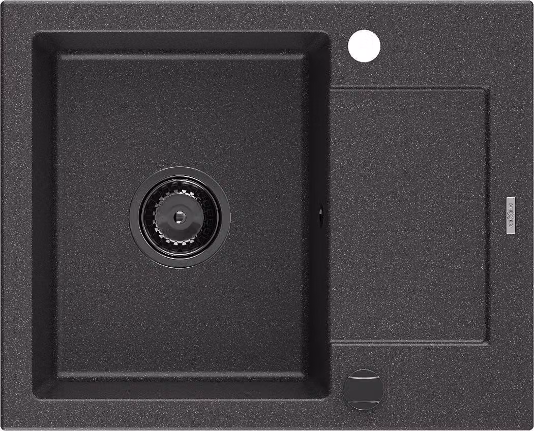 Mexen Enzo lavello in granito a 1 vasca con scolapiatti 576 x 465 mm, nero maculato, sifone nero - 6506571005-76-B