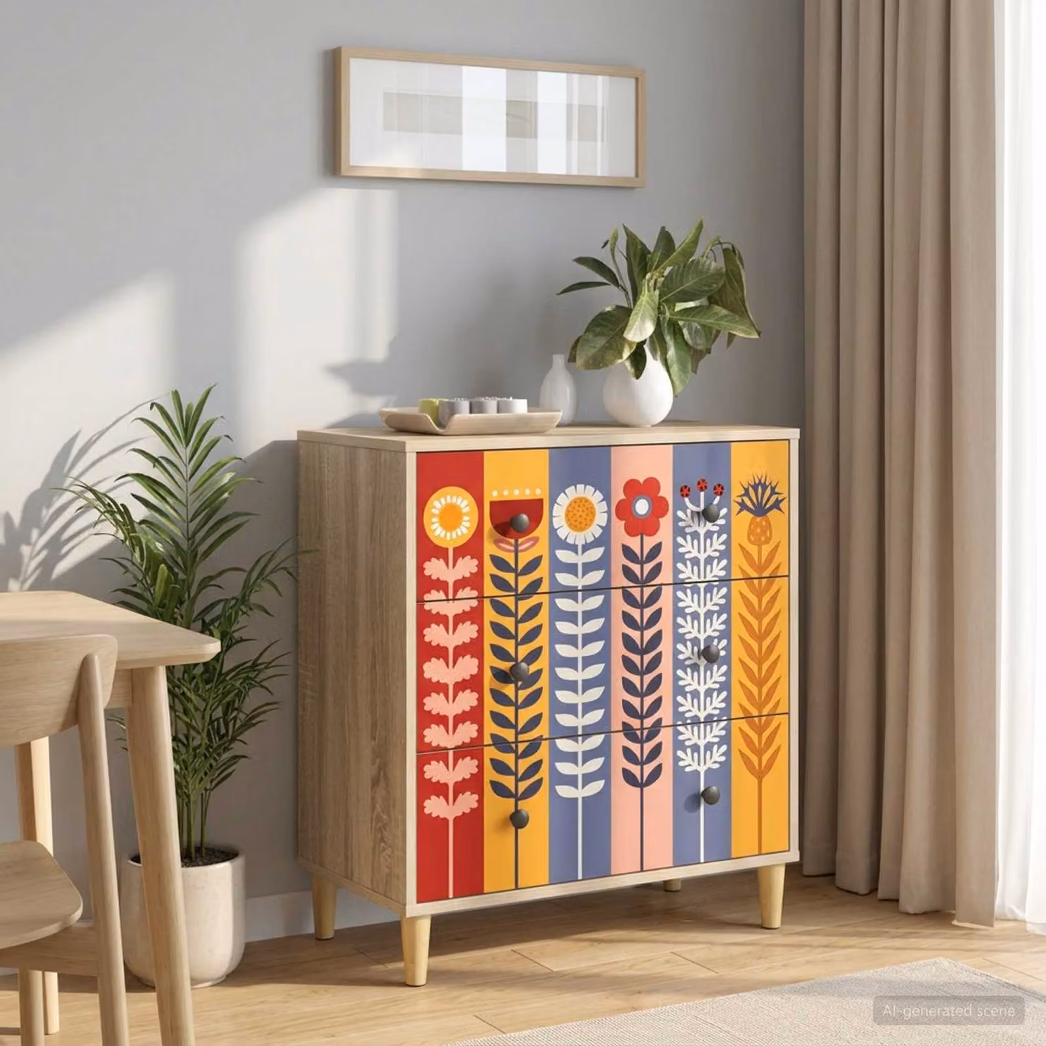 Cassettiera vidaXL ESSEN con stampa di girasoli, colore Sonoma e multicolore, L: 66 cm, P: 36,5 cm, H: 75 cm