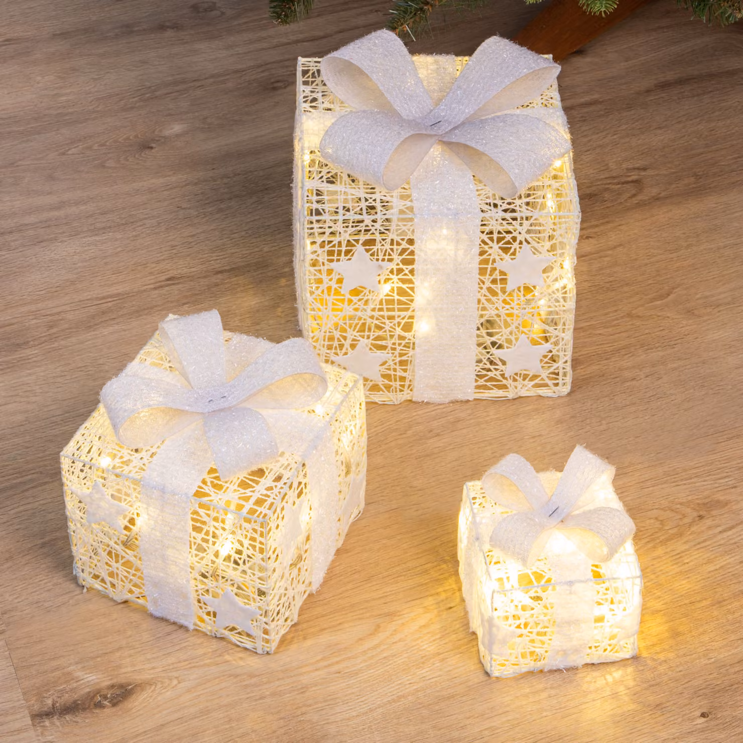 Scatole regalo a LED Set di 3 - BIANCO - Decorazione natalizia Illuminazione Timer Batteria