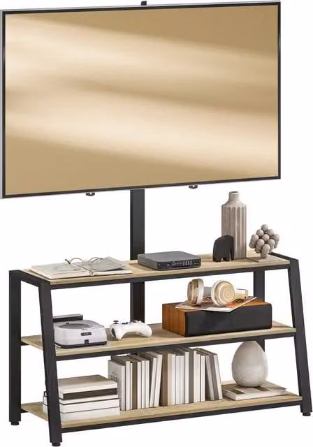 Mobile TV Zephmum per schermi da 32-70 pollici con ripiani aperti e angolo regolabile, effetto legno naturale marrone, L 108 x P 41 x H 135 cm