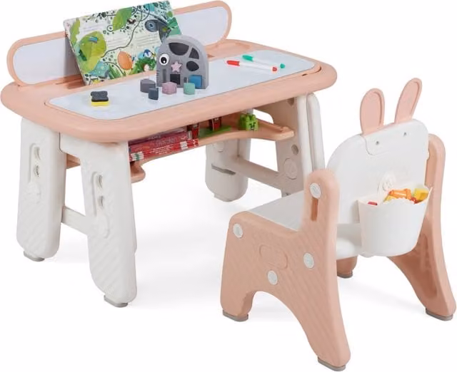 Set Tavolo e Sedia per Bambini Design Mania con Mensola Ribaltabile a Lavagna Magnetica e Altezza Regolabile, Rosa – 1