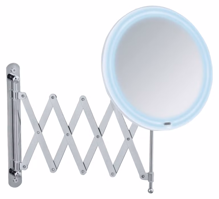 Specchio a parete con illuminazione a LED, ingrandimento 5x, estensibile fino a 55 cm, diametro 20 cm, finitura cromata