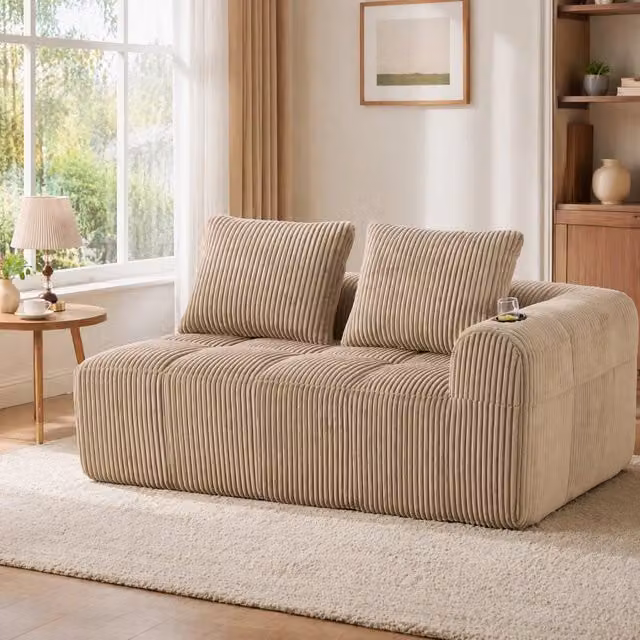 Divano 2 posti ULEVR 158x93x61 cm in velluto a coste kaki con tasche laterali e portabevande integrati