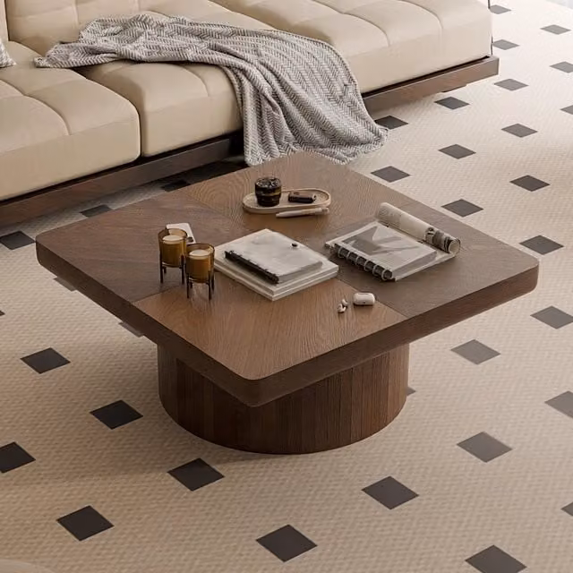 Tavolino basso fisso quadrato da soggiorno con piano a parquet e base cilindrica in legno e MDF color noce