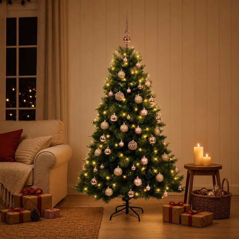 Albero di Natale artificiale con decorazioni natalizie, altezza 150 cm, 150 luci LED